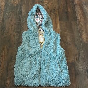 Mini Boden faux fur Sherpa full zip blue vest with hood & Floral Lining sz 5-6Y